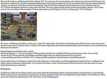 Kurztext zu Dreamcast Online mit PSO-Servern und Verweis auf dcarena.de für Online-Gaming!