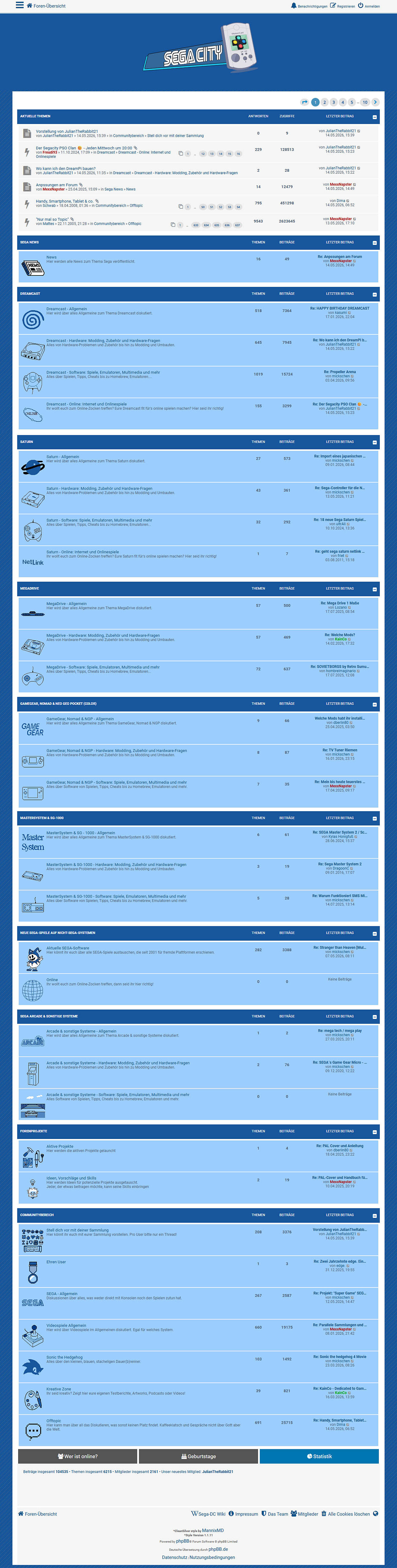 Retro-Aufbau: Dreamcast, Saturn, MegaDrive, GameGear und Nomad, Master System & SG-1000, neue SEGA-Spiele, SEGA Arcade, Fanprojekte, Community-Bereich