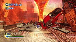 Sonic in der Zukunft rast nach vorn, während Autos ihm entgegenfliegen