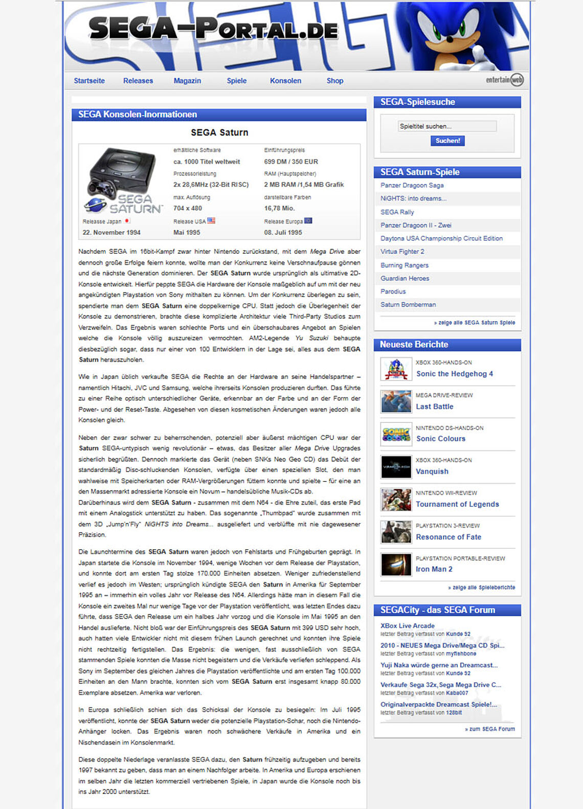 SEGA Saturn: Grunddaten wie Release, Preis und Farbanzahl. Dazu sechs kleinere Absätze Text als Geschichte. Keine Peripherie, Technikerklärungen oder Bilder - gibt es alles nicht.