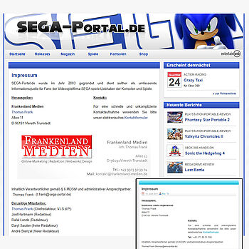 Impressum SEGA-Portal 2010 als Frankenland-Medien, 2011 wird es zu bamtronic media auch auf dem Wii-U-Portal