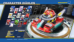Fahrerlager: Sonic, Tails, Knuckles oder Amy, Chaos Big oder Blaze Silver, Vector oder Shadow, Rouge, Omega oder Metal Sonic, Eggman Zavoc