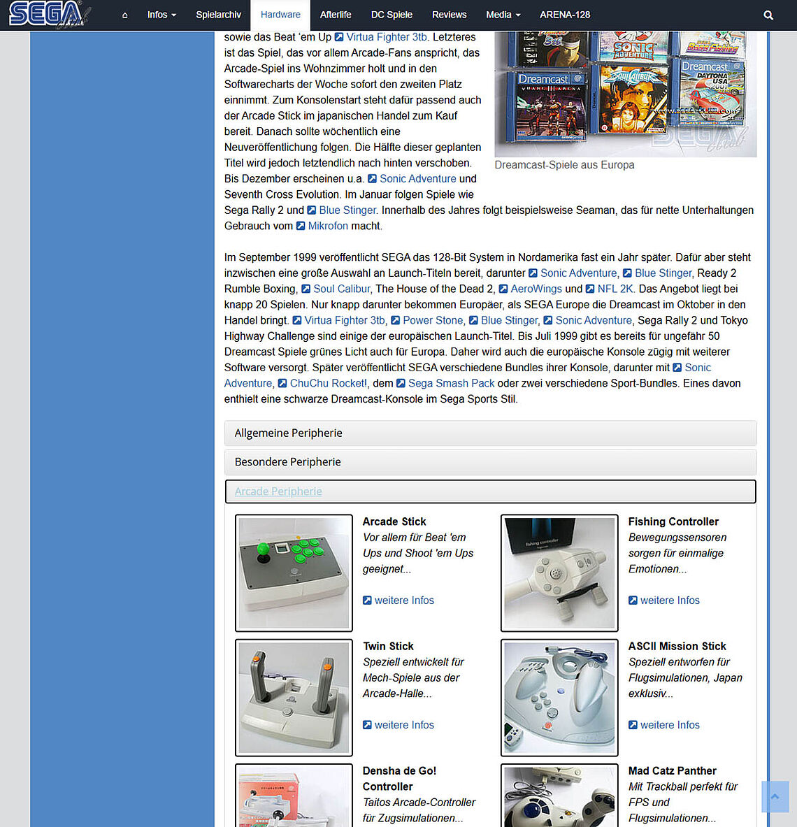 Dreamcast Hardware-Text mit Arcade-Peripherie wie Arcade Stick, Twin Stick oder Mad Catz Panther