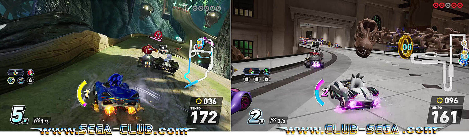 Doppelbild: Sonic auf einer Holzstrecke im Wald hinter Eggman und Sage sowie Silver im Museum und einem Skelett-Dino vor sich