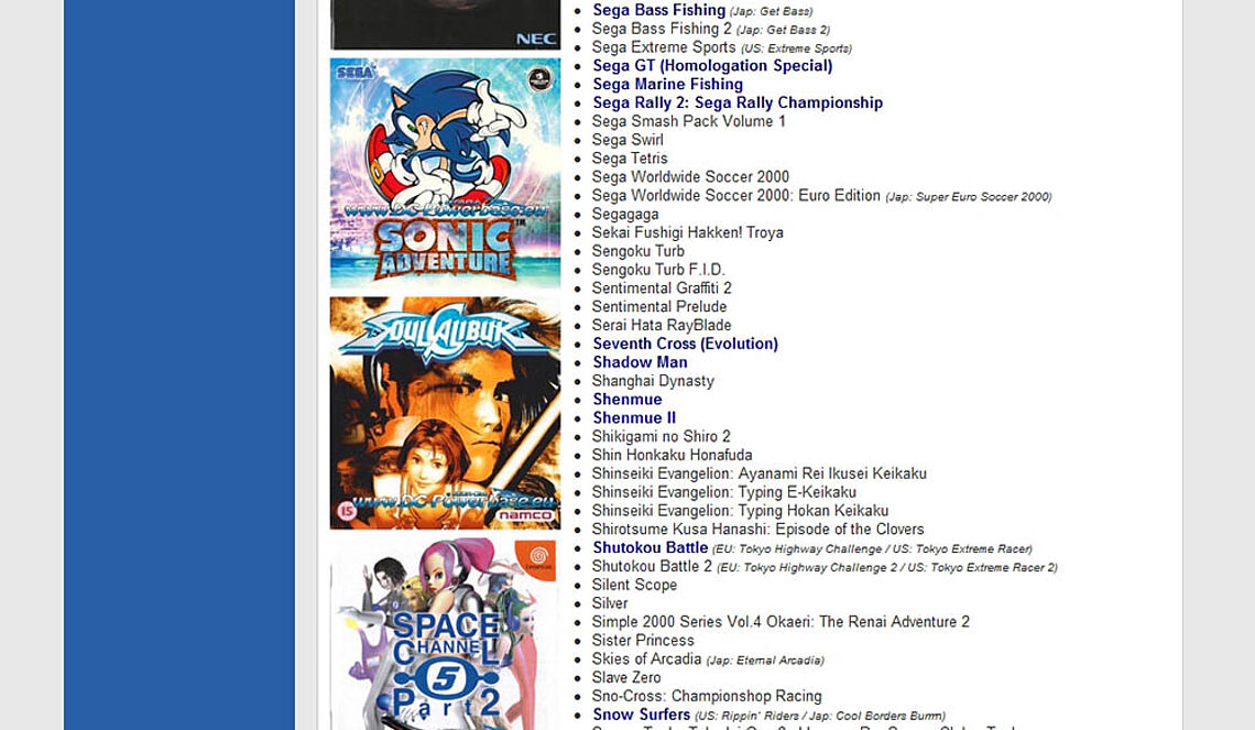 Links Front-Cover untereinander, rechts davon unzählige Dreamcast-Spiele als Liste und einige davon anklickbar für weitere Infos