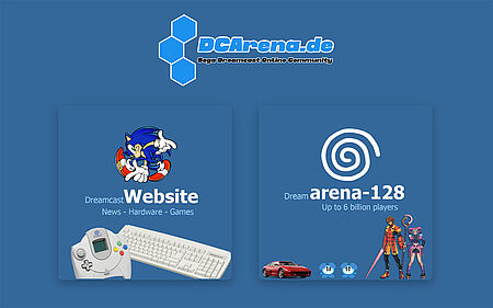 DCArena.de als Landingpage: zwei Buttons für die Webseite und der ARENA-128 Community
