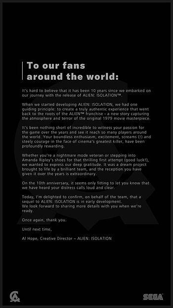 Bild: Twitter/X-Beitrag von SEGA über Alien Isolation 2 als Ankündigung