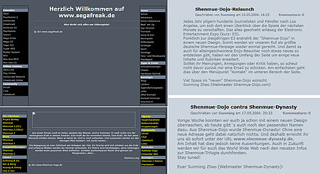 Webarchiv-Seiten: SegaFreak und Shenmue-Saga im identischen Design sowie Meldungen von Shenmue-Dojo und Umfirmierung zu Shenmue-Dynasty