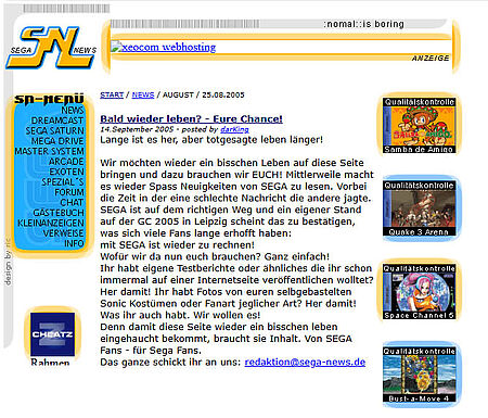 September 2005: darKing ruft zur Hilfe auf für News, Testberichte und mehr, um SEGA-News.de wiederzubeleben.