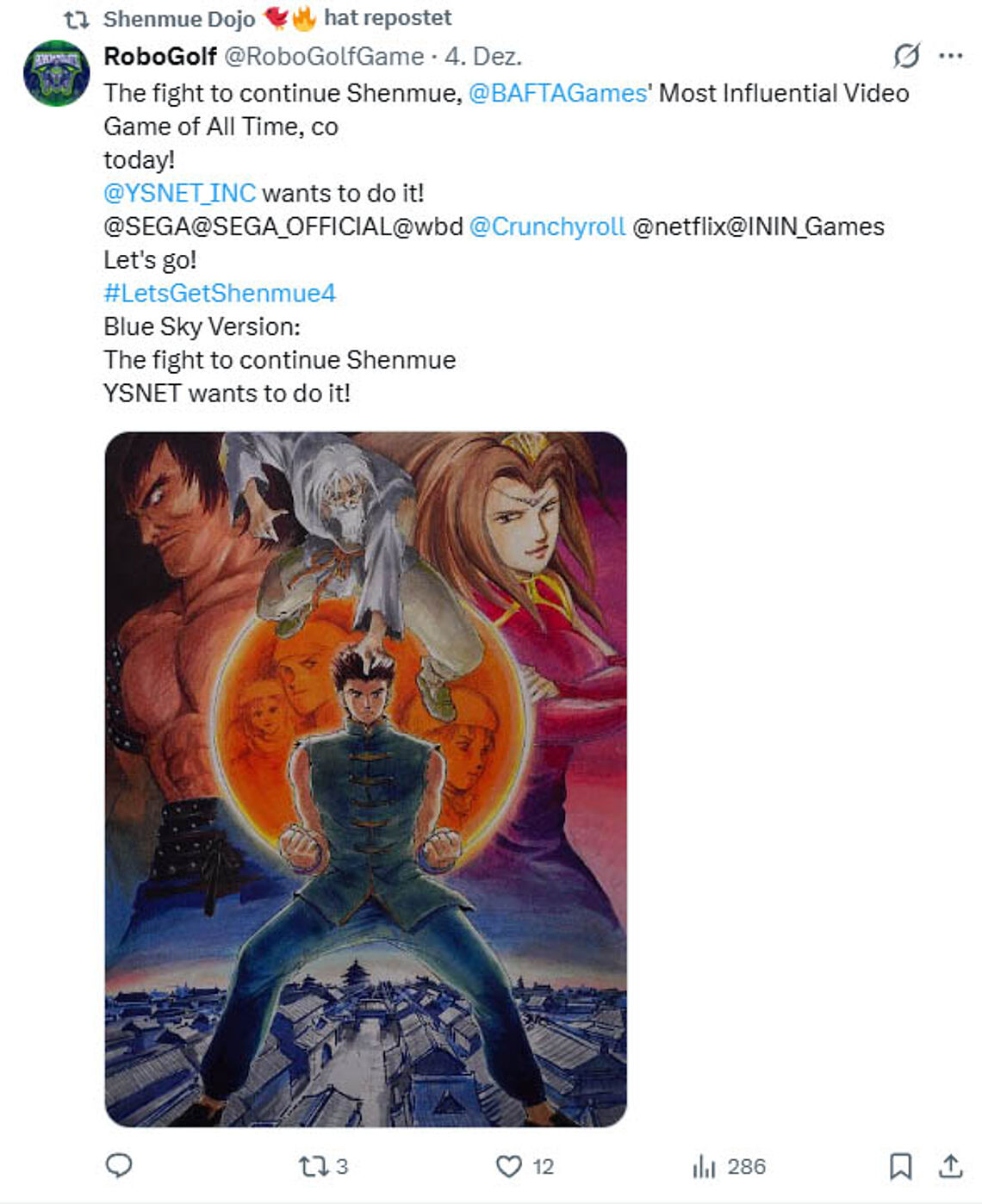 Selfmade Bild mit dem Aufruf zu Shenmue 4