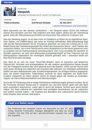 Vanquish-Review für PC von Rafal Lando: Kurztext und Fazit machen zusammen 335 Wörter.
