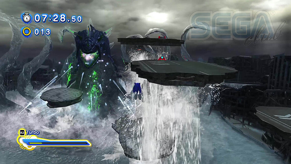 Perfect Chaos inmitten von Station Square City: alles mit Wasser überflutet und bereit zum Angriff auf Sonic