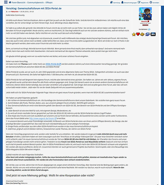 Angebot des Gemeinschaftsforums am 18.06.2012: SEGA-Portal wolle ein neues Forum gründen, das letzte sei im Streit aufgelöst (entspricht SEGACity, wurde nicht erwähnt) - als neues SEGACity gäbe es mehr Aktivität und neue Benutzer und das SEGA-Portal 