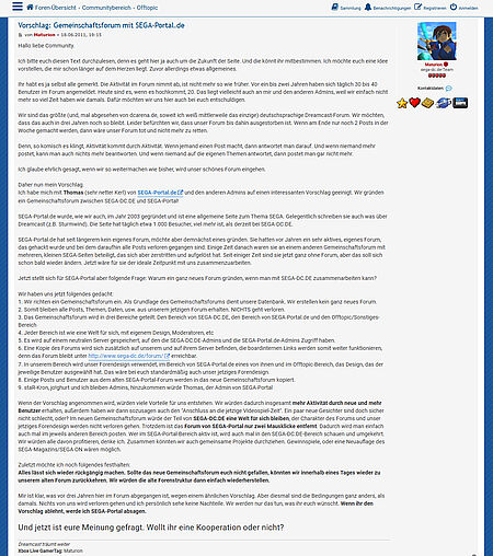 Maturion Angebot zur Fusion: Es beschreibt den Streit, wodurch sich das Gemeinschaftsforum SEGACity zuvor auflöst und möchte nun selbst mit SEGACity fusionieren. 