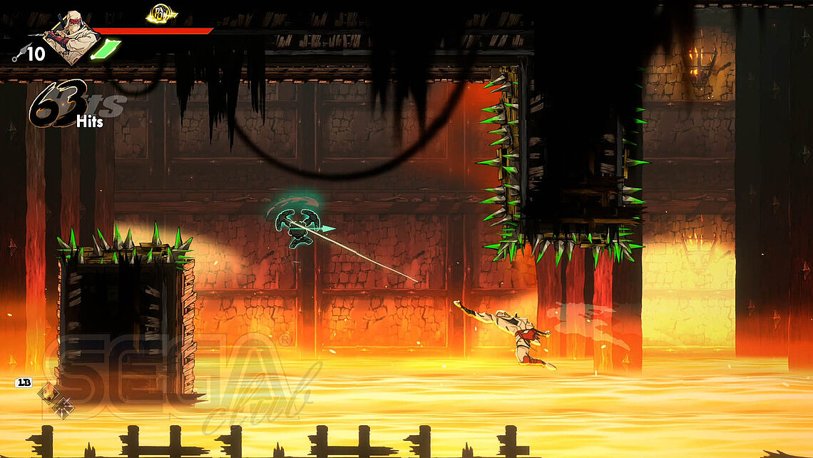 Lavaböden und Stachelplattformen: Musashi nutzt ein Seil-Shuriken, um sich durch das Level zu hangeln.