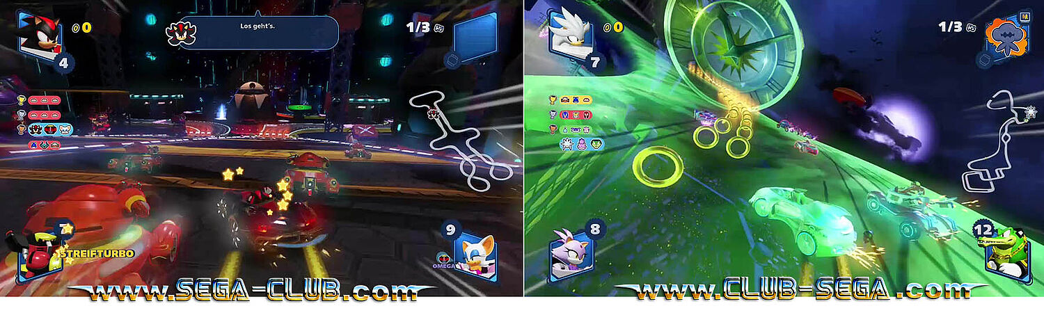Doppelbild: Shadow fährt gegen jede Menge Roboter und Silver erklimmt einen grünen Fahrtweg mit einer riesigen grünen Uhr im Hintergrund
