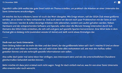 Textausschnitt vom 13.12.2006 im Forum: Vision der Sonic -Seite