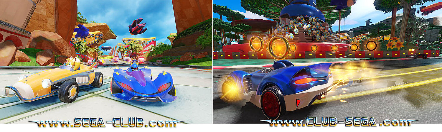 Doppelbild: Tails fährt gegen Metal Sonic, Sonic driftet an der Chao-Tribüne vorbei
