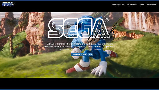 Transparentes SEGA-Club Logo mit Zitat von Tom Kalinske als früherer Amerika-Präsident: Sonic-Film-Video läuft im Hintergrund!