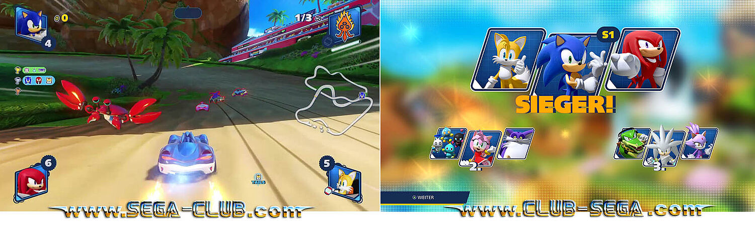 Doppelbild: Sonic verfolgt seine Gegner und muss dabei einem Krebs ausweichen. Siegerehrung mit Team Sonic, Team Rose und Team Silver auf Platz eins, zwei, drei.