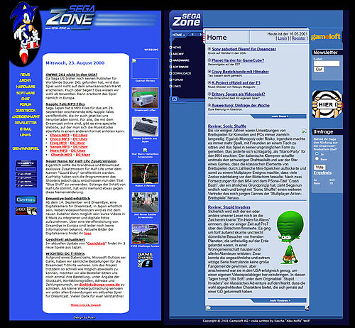 Sega-Zone Vergleich 2000 und 2001 im neuen Design: dunkleres blau, Gameloft Logo, angepasstes SEGA ZONE Logo