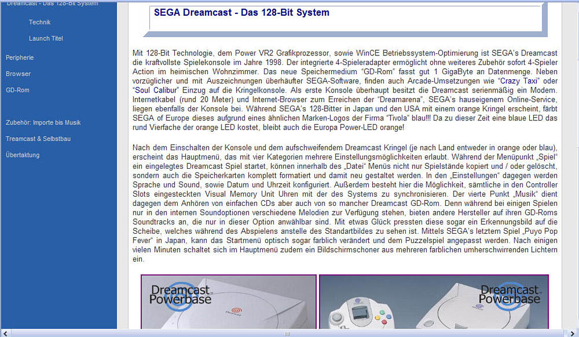 Grundtext zur Dreamcast-Konsole mit Bildern