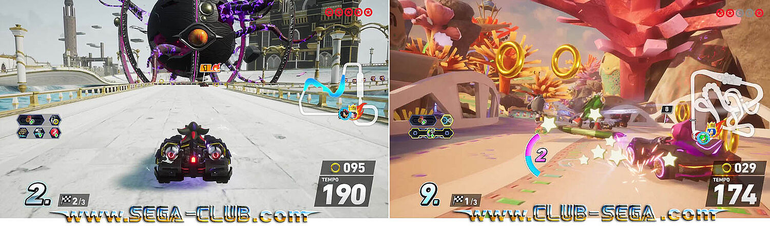 Doppelbild: Shadow startet sein Rennen im weißen Raum mit dem riesigem Doomseye vor ihm, während Espio in der CrossWorld Sweet Mountain fährt