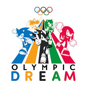 Olympisches Logo mit Sonic und Freunde in den Farben der Olympischen Ringe