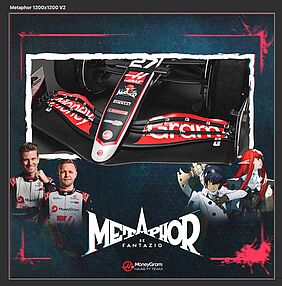 Frontflügel des F1 Fahrzeugs Haas mit Metaphor: ReFantazio Logo