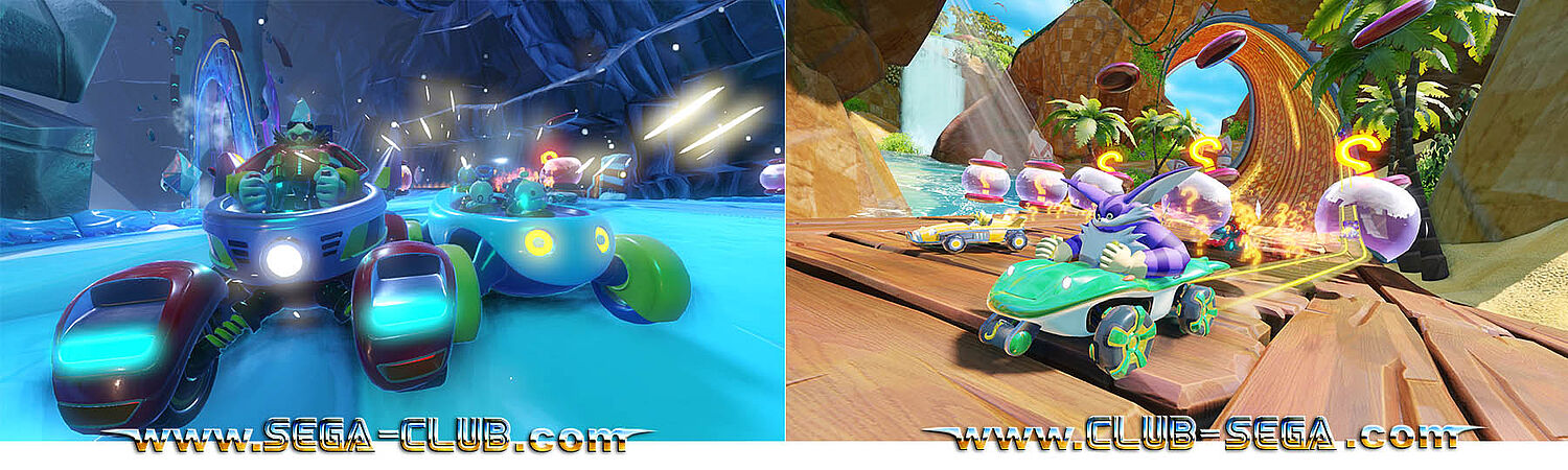 Doppelbild: Eggman setzt sich gegen die Chaos durch, Big kommt aus dem Korkenzieher und versucht Tails abzuhängen