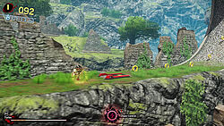 Shadow im 2D-Modus läuft auf einen Looping im Kingdom Valley zu, im Hintergrund viele Bäumen, Berge aber auch einige Ruinen