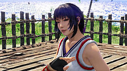 Aoi auf einer Holz-Kampfarena mit dem Meer im Hintergrund