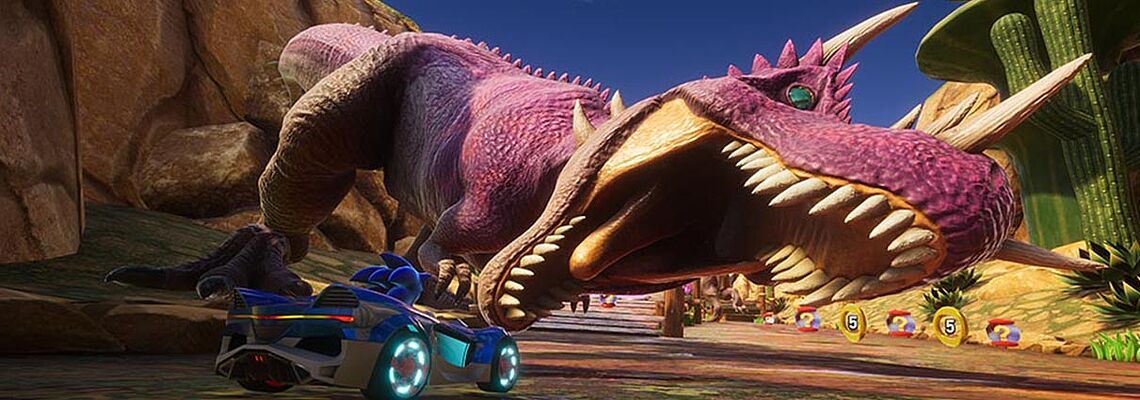 Sonic vorm Maul eines Dinosauriers