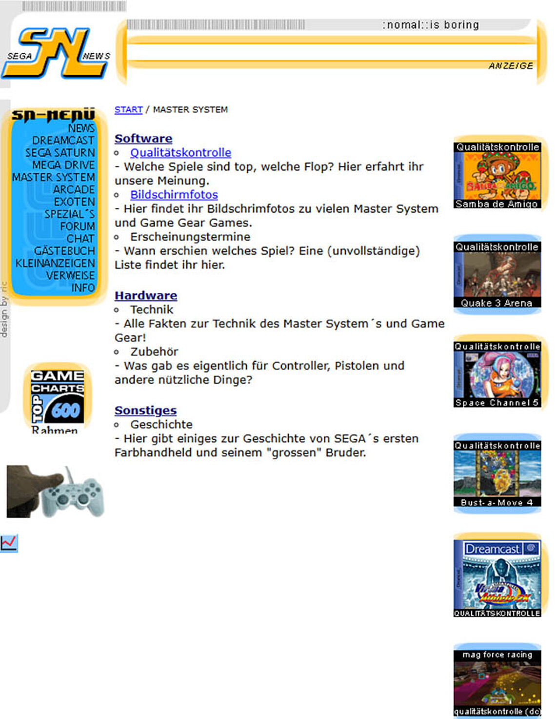 Master System: Reviews, Bildschirmfotos. Dagegen waren Hardware, Technik und Sonstiges nicht anklickbar