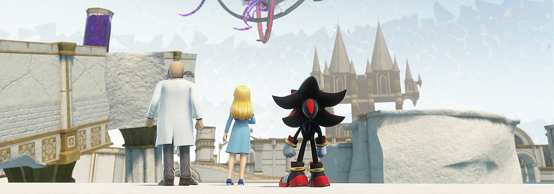 Shadow, Maria und Dr. Gerald Robotnik schauen zum Horizont der weißen Welt