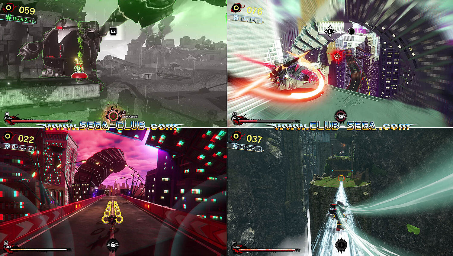 Vierer-Bild mit Szenen aus verschiedenen Stages mit Shadow und seiner Fähigkeiten wie Chaos Control