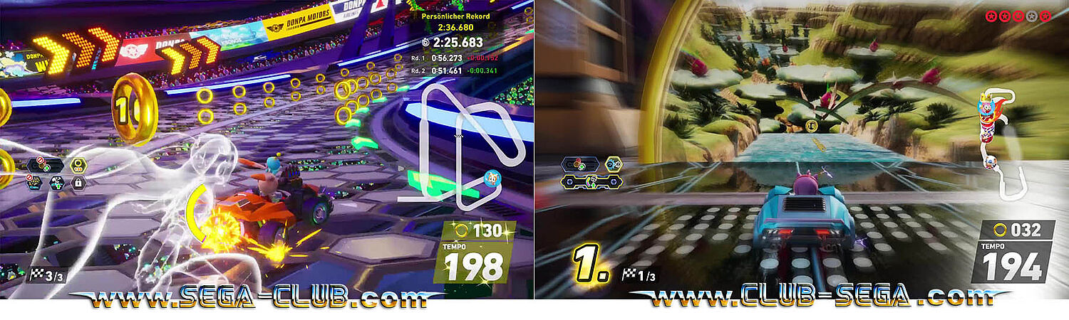 Doppelbild: Cream driftet für einen neuen Zeitrekord, Miku ist als Geist direkt hintendran. Amy fährt gerade durch einen Reisering in die Dinowelt.