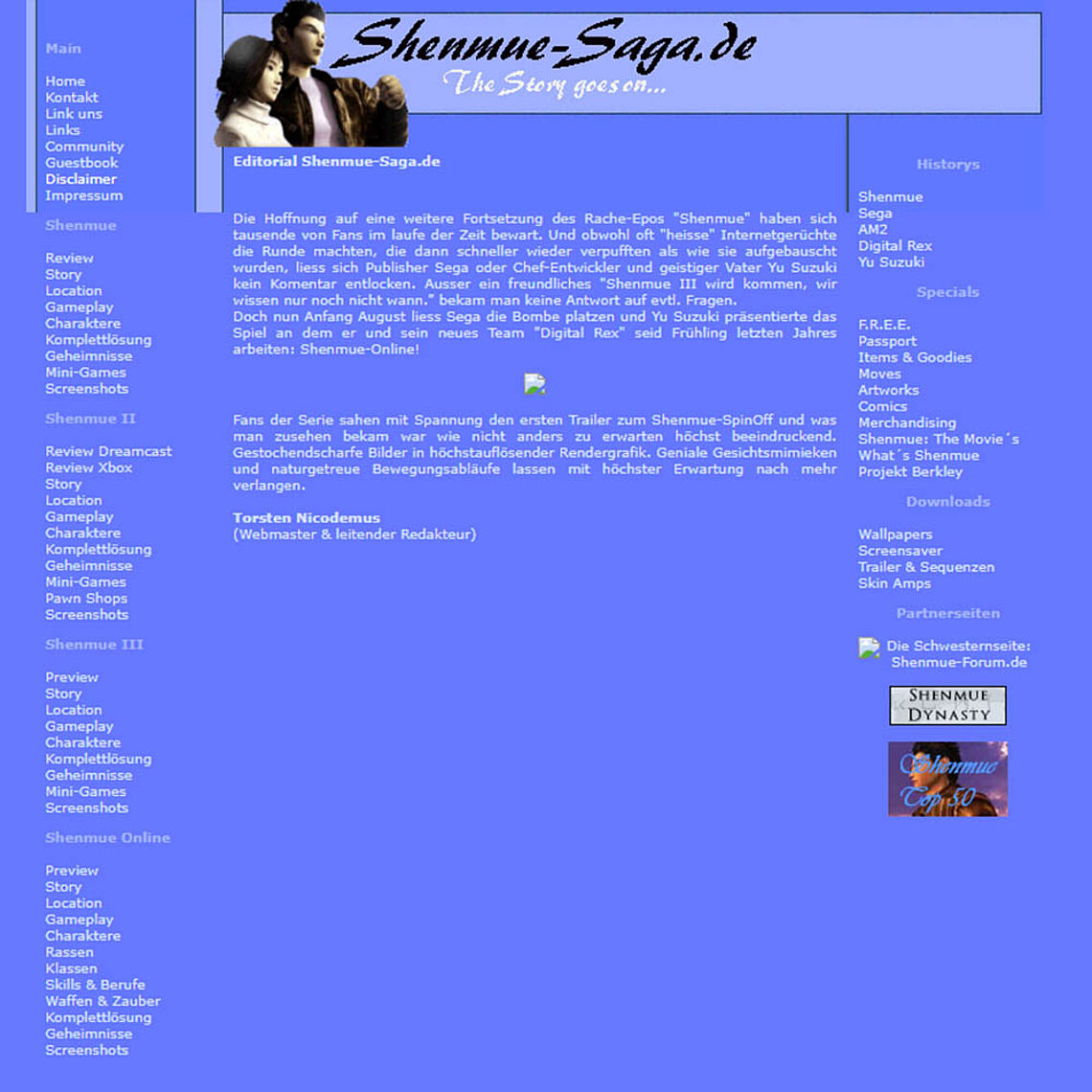 Webseite mit blauem Hintergrund und fast weißer Schrift. Das Logo bewirbt Shenmue-Saga.de mit dem "The Story goes on..." Zusatz