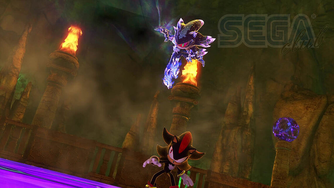 Mephiles stürzt sich von hinten auf Shadow, der den Angriff aber schon bemerkte