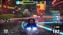 Blaue fährt durchs Wasser auf ein Drachenbot zu, begrünte Inseln nebenbei