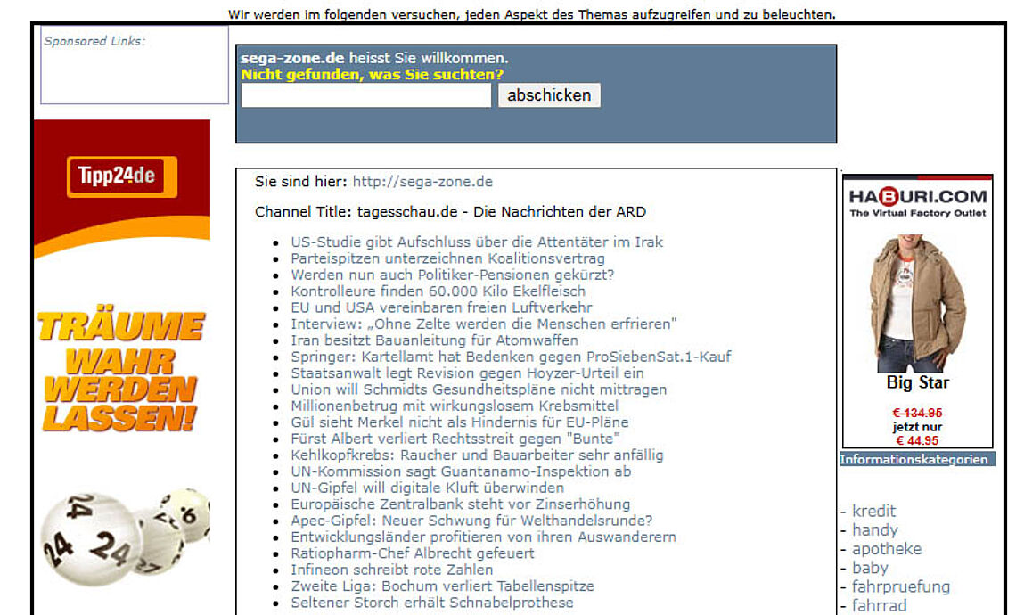 Sega-Zone.de als News-Plattform für die Tagesschau, Lotto usw.