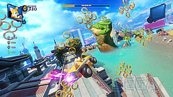 Tails im Sprung auf einer Sonic Heroes Strecke: viele Ringe in der Luft