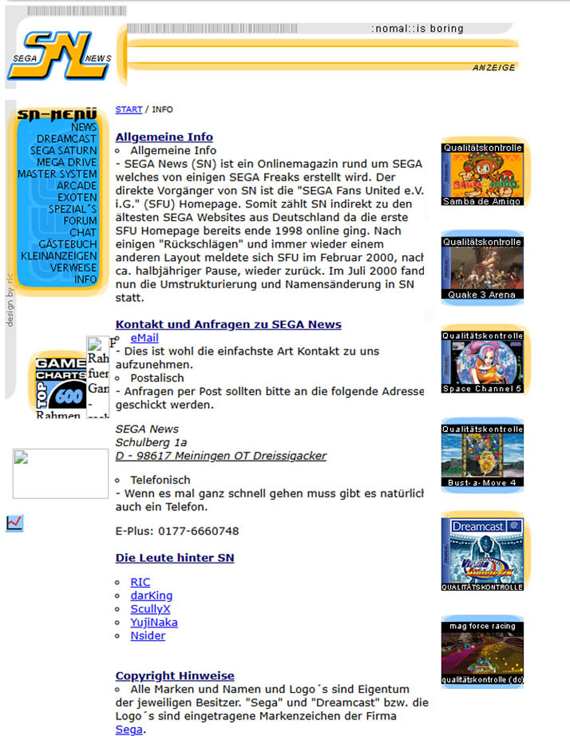 Impressum von SEGA News, mit Kurz-History: "die erste Homepage ging Ende 1998 online"