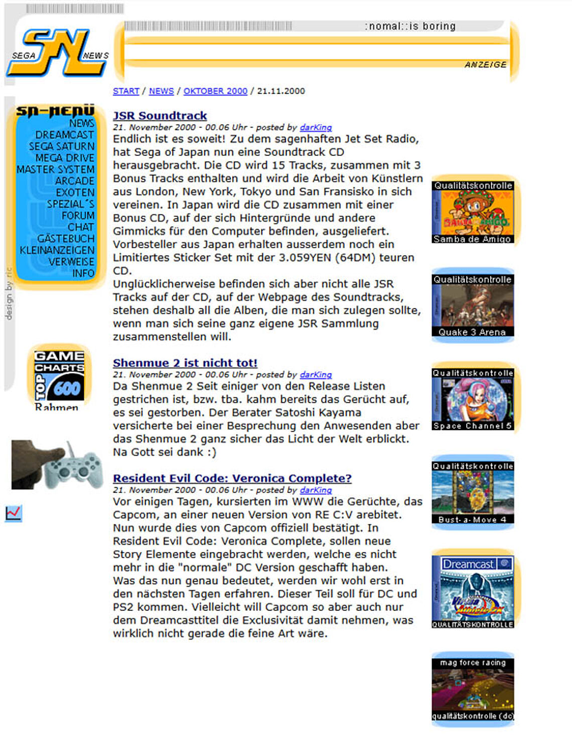 News zum JSR-Soundtrack, Shenmue 2 und Resident Evil: Code Veronica im November 2000