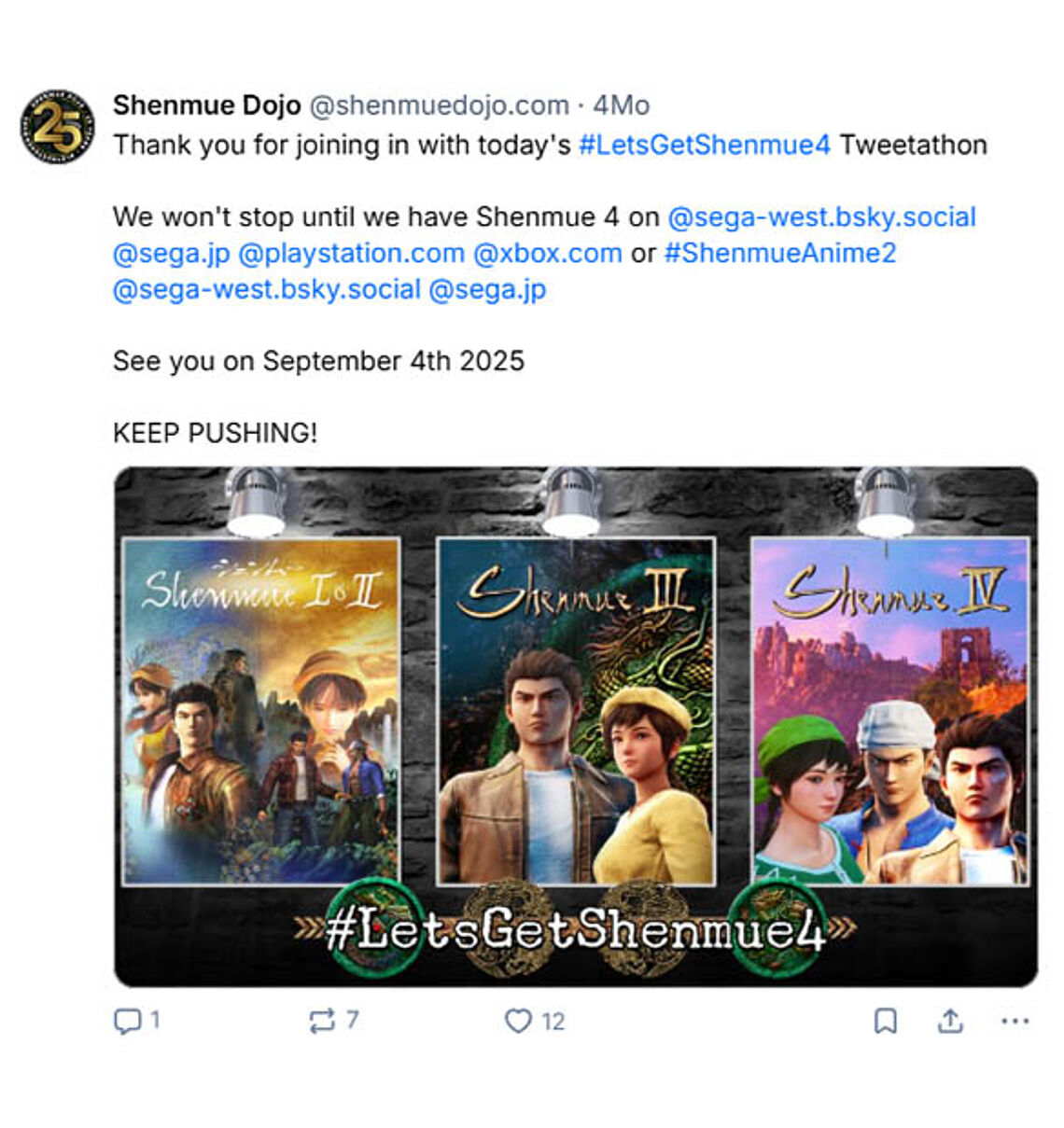 Danksagung vom Shenmue Dojo zum Tweetathon mit Posterbild von Shenmue 1+2, Shenmue 3 und Shenmue 4