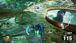 Sonic fährt über Wasser-Halfpipes inmitten eines Waldes in luftigen Höhen