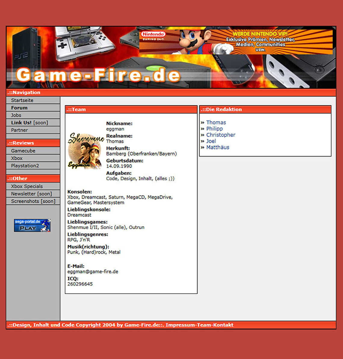Game-Fire im roten Design: Team-Seite mit eggman und Kontaktdaten sowie das Redaktionsteam der Multiplattformseite - dazu Werbung und Link Querlink zum SEGA-Portal.