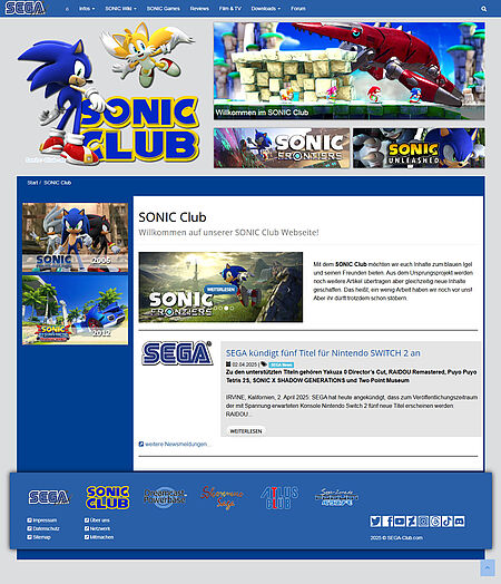 SONIC Club: Startseite mit Teasern, Artikel und Newsmeldung