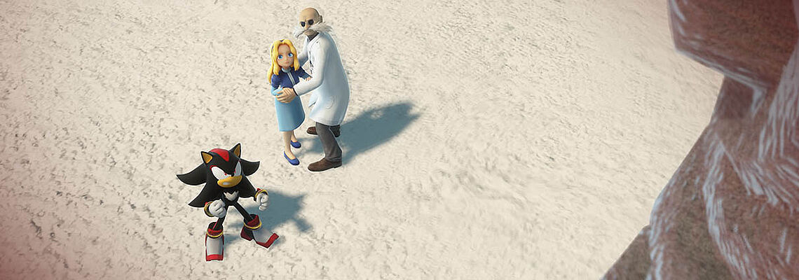 Shadow, Maria und Dr. Gerald Robotnik schauen auf zu Black Doom