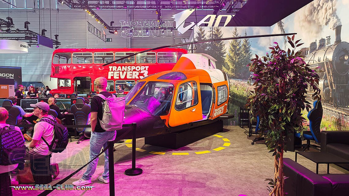 Transport Fever 3 kommt mit einem Doppeldecker Bus und einem echten Hubschrauber am Stand